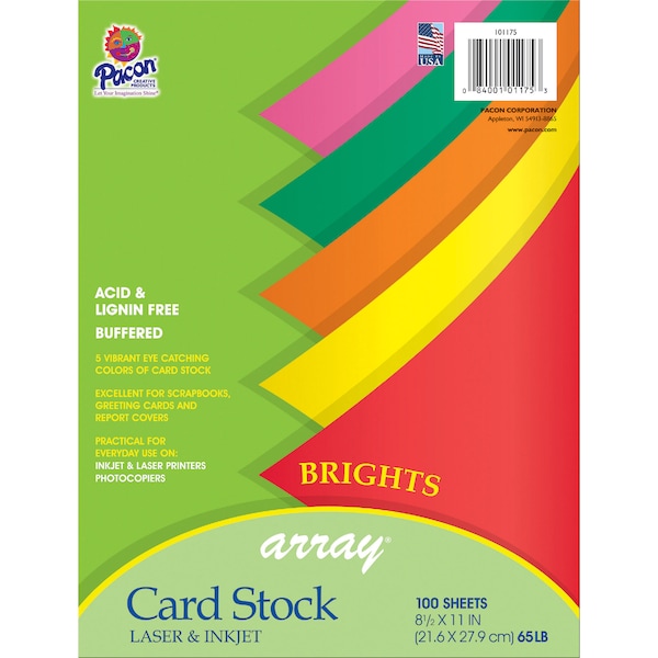 Pacon Bright Card Stock, 5 Assorted Colors, 8.5" x 11", PK100 101175 - main